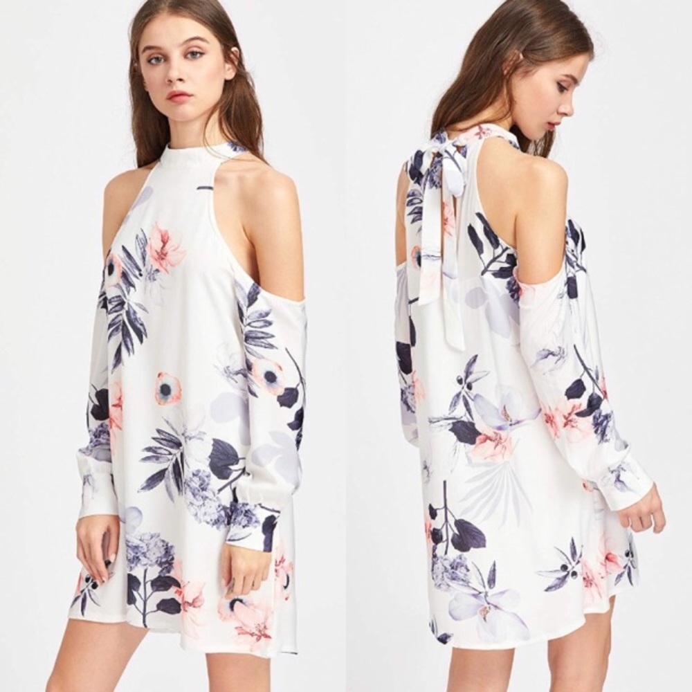 💥 CLEARANCE Cold Shoulder Tie Back Mock Halter White Floral Dress